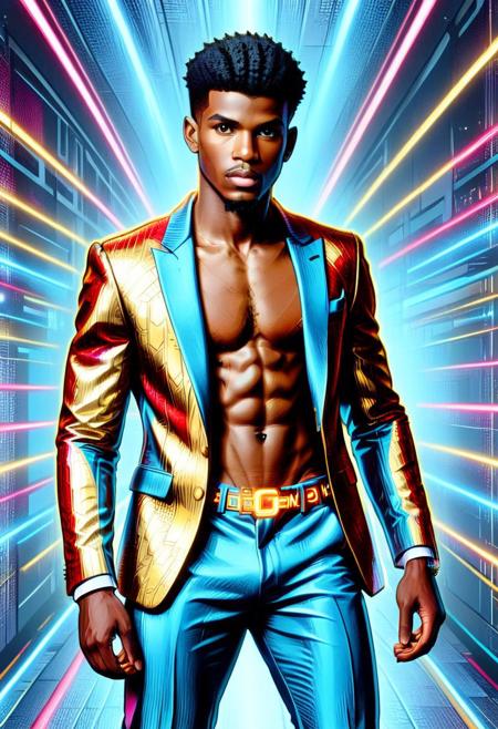 Black Twink, full body portrait of man wearing gold eyeline with a blazer, blazer made entirely out of colorful LED lights, colorful LED lights, pants, PG, high quality, highly detailed, digital illustration, pop style, mobe-90c0m, pulp style, digital painting, bold line work, dramatic contrast, male model, twink, slim male, slender male, textured hair, fade hairstyle, detailed face, gold eyeliner, spotlight, dynamic pose, confident, boa, feminine, shirtless, belly,