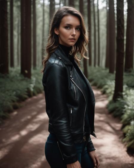 rachel_cook, <lora:RCookXL:1>, a photo of a seductive woman with loose styled hair, posing in a forest, bored, wearing a leather jacket, turtleneck shirt, black leggings, whimsical pose, mascara, goosebumps, dark, muted colors, slate atmosphere, ((sharp face, detailed face, realistic face, naturtal skin, realistic skin, detailed skin, pores, detailed eyes,realistic eyes)),, (masterpiece, best quality, ultra-detailed, best shadow), high contrast, (best illumination), ((cinematic light)), colorful, hyper detail, dramatic light, intricate details, (1 girl, solo) , ultra detailed artistic photography, dreamy, backlit, shadows, ultra high definition, 8k, ultra sharp focus, ultra high quality model, soft lighting, film photography, analogue photography, hyperrealism,