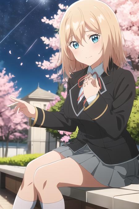 masterpiece, best quality,1girl,solo,anime screencap, Olivia,blonde hair,aqua eyes,medium hair,school uniform,black jacket,dress shirt,red neck ribbon,grey pleated skirt,miniskirt,white socks,<lora:Olivia:0.5>,
