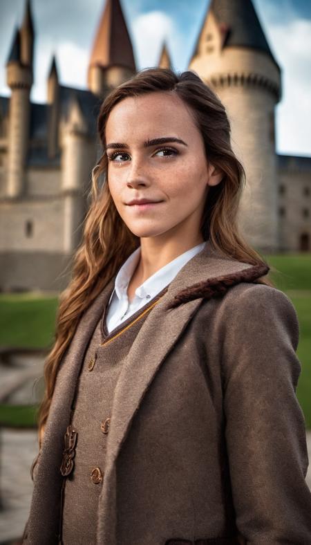 fullbody portrait of skswoman, happy , brown eyes, freckles, wearing wizard suit , background hogwarts castle, bokeh, epic (photo, studio lighting, hard light, sony a7, 50 mm, matte skin, pores, colors, hyperdetailed, hyperrealistic) <lora:Emma Watson LoRA SDXL:1.1>