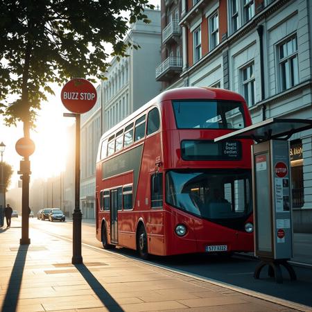 A classic red English double-decker bus parked at a typical British bus stop in a city street. The bus stop sign clearly reads “Buzz Stop” (intentional spelling). The setting features traditional English architecture, a sidewalk, and realistic street details. Early morning light, natural shadows, ultra-photorealistic, high detail, as if photographed with a Canon DSLR. No fantasy, no illustration, no cartoon effects—just a real scene in London.