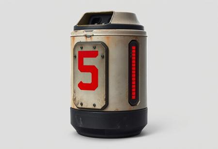 A single futuristic sci-fi storage capsule, cylindrical with a slightly tapered dark base and a weathered off-white metal body. A bold red number "5" is painted on the front. On the side, a long vertical red LCD indicator is embedded into the shell, softly glowing. The top of the capsule features a recessed socket-like shape, designed for modular stacking. Industrial wear, scratches, and dust add realism. The object is isolated on a neutral background, front view, concept art style, ultra-realistic lighting and textures, FLUX engine aesthetic.