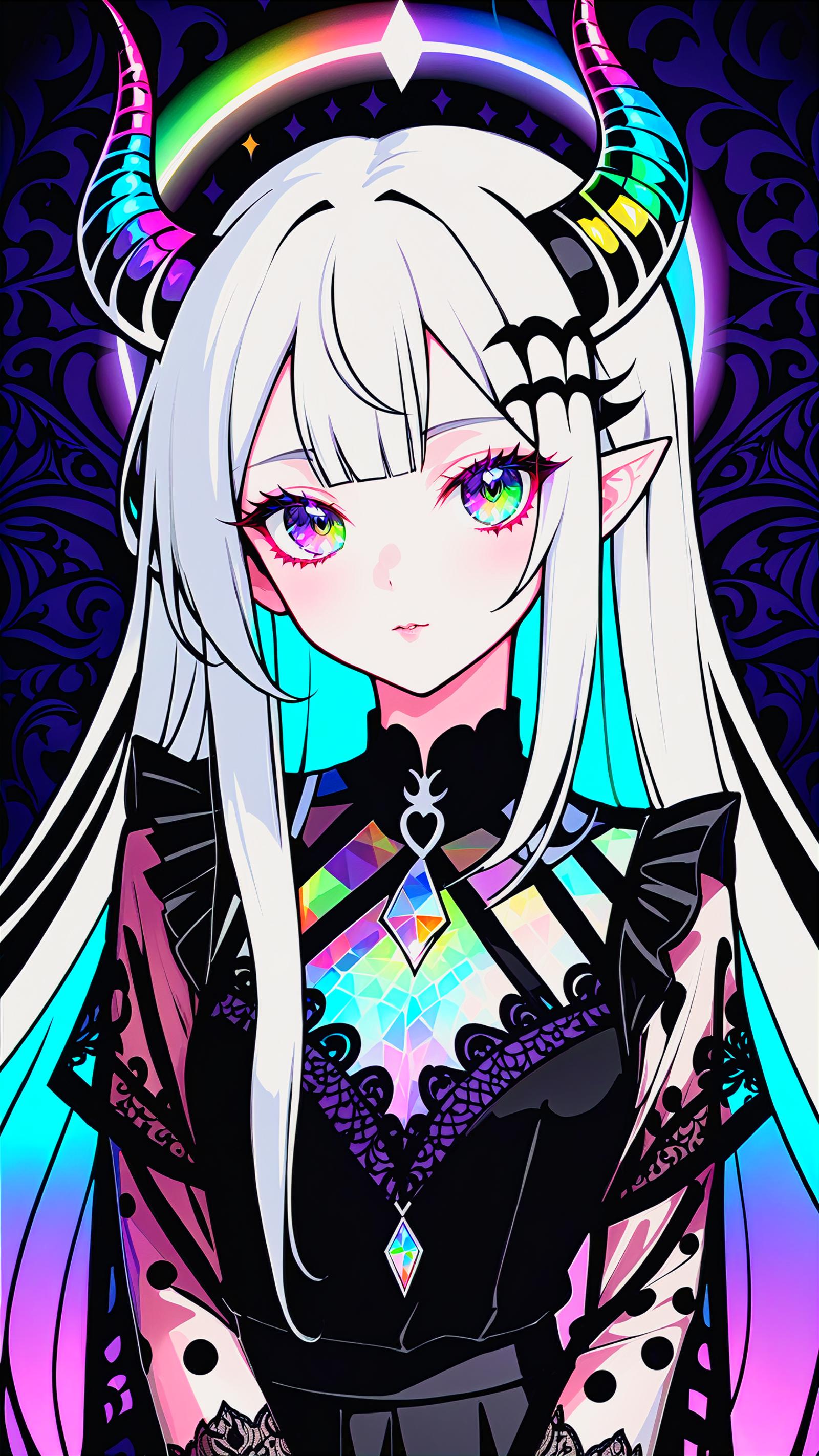 A beautifully drawn anime girl with purple eyes and white hair.