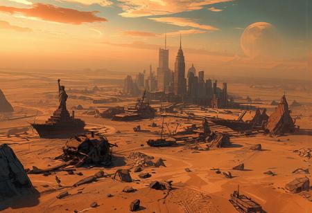 Aerial view. We are in the future, on Earth. Due to climate change, the water has evaporated, and the planet now resembles Mars. We fly over a vast desert that was once the Atlantic Ocean—now an endless expanse of sand and jagged rock formations.
Countless old commercial ships and other vessels lie stranded in the sand, almost entirely buried. A portion of New York’s Statue of Liberty emerges from a sand dune.
In the distance, the remains of Manhattan’s numerous skyscrapers stand in ruins, completely overtaken by the shifting sands. The sun is not visible, as it is rising behind us, while a massive moon sets ahead, sinking behind the crumbling skyscrapers. The sky is painted with stunning hues of orange and blue, like the colors of dawn, with the large moon still visible above the horizon.