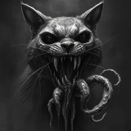 A horrifying, nightmarish creature resembling a cat, but with grotesque and monstrous features. Its face is partially skeletal, with hollow, dark eye sockets that seem to peer into the void. The fur appears matted and decayed, blending into the eerie, shadowy background. The most terrifying aspect is its mouth—an unnatural, gaping maw filled with long, jagged, needle-like teeth dripping with dark fluid. From its mouth, a writhing mass of thick, slimy, tentacle-like appendages emerges, twisting and curling in a grotesque fashion. The image is in high-contrast black and white, with a haunting, painterly texture that enhances the macabre atmosphere. The dripping textures and eerie lighting create an unsettling, otherworldly horror aesthetic, reminiscent of cosmic horror or Lovecraftian nightmares.