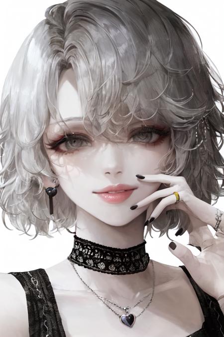 pilyeon, 1girl, black nails, jewelry, short hair, looking at viewer, choker, necklace, hand on own face, piercing, white background, heart, closed mouth, grey eyes, nail polish, simple background, grey hair, ear piercing, black choker, smile, eyelashes, lips