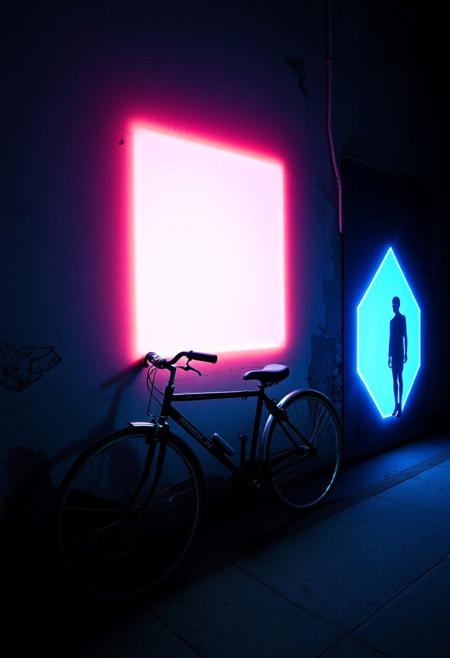 A bicycle leaning against an old wall, with a spray-painted version of itself just a few inches to the right, slightly misaligned.
conceptual street art with immersive light, stark stencil figures interacting with glowing geometric shapes, high-contrast urban textures blending into ethereal gradients, political and social commentary through surreal color fields, minimalism meets gritty realism, dreamlike neon glows against raw city walls, mysterious silhouettes stepping into luminous voids, atmospheric transitions between shadow and radiance, thought-provoking and immersive street installations