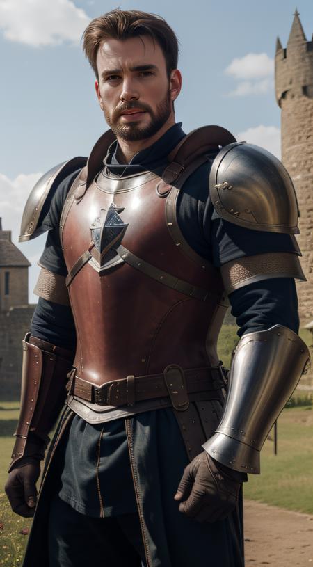 close-up, Man (Chris Evans, knight, near a castle), looking at viewer, wearing (cuirass, gorget, pauldron, couter, vambrace, gauntlets, cuisses, greaves, sabatons, poleyn, tasses, plackard, rerebrace, breastplace, faulds, scabbard, gardbrace, shoulder armor), HDR
