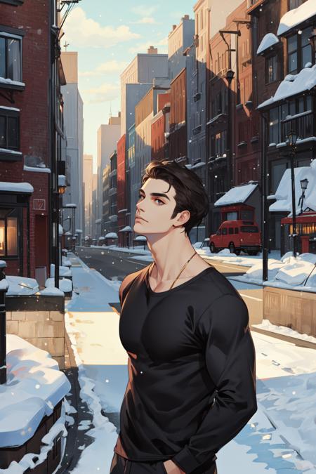 masterpiece, best quality, realistic, 1man, mature male, wide muscular body, broad shoulders, handsome, (very short hair:1.4), [thick eyebrows:0.5], angular jaw, extremely detailed eyes, tilting head, relaxed lips, big arms, perfect face, modern urban style, scenery, long sleeves, oversized shirt, Muffler, winter, [from below:0.5]