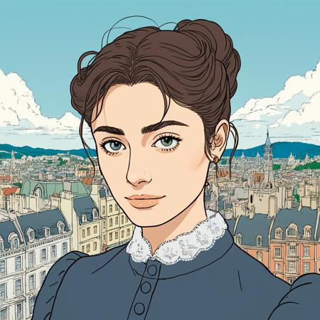 Studio ghibli style illustration of the face of a woman looking at the viewer with a victorian city square in the background,  tayxhll,    <lora:tayhill_juggerX_xl_1_wocap_merger_21_147_035_065-tayxhll:1>