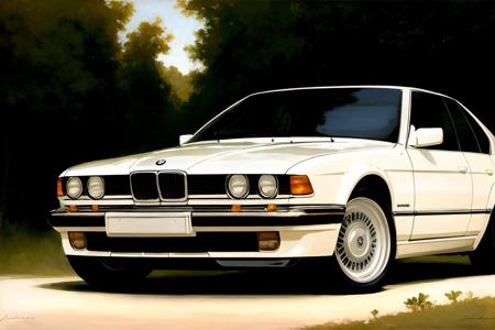 (4 doors), (sedan),(white),  realistic photo of a  car, by Jeremy Lipking, by William Bouguereau, (by Alphonse Mucha:0.5), sabudenego, jeremy lipking, masterpiece,  ((1CAR)) <lora:BMW7E32:0.8> BMW7E32