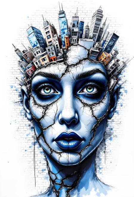 1nk3d_0u7, artistic, a face consisting of multiple layers of city suburban structures embedded into the skin, omplexity with details, eye detailing, deep gaze, limited colors are deep blue, white, black, cold atmosphere, white brick wall background that appears to have a large hole in the crumbling center, jungle camouflage design patterns
