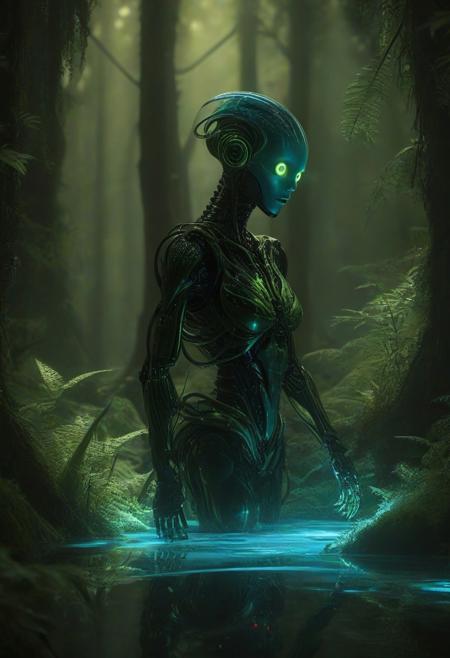 Ultrarealistic. sharp focus, dynamic lighting. play of light, reflection, refraction, Raytracing, Ultra detailed. Alien themed. Alien scenery. alien scenery background. alienworld. A gorgeous female robot in an alien forest. surrounded by ice.enchanting, cosmic, celestial, ethereal, vibrant flora, magical, luminous, serene, dreamy, radiant, bioluminescent, intricate details, surreal, enchanted forest
