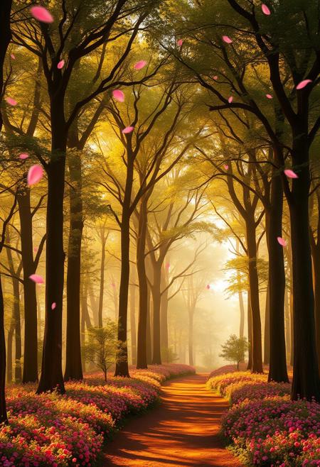 A magical forest filled with tall trees, their lush canopies forming perfect heart shapes. The atmosphere is soft and dreamy, with a warm pink and red glow filtering through the leaves. Delicate petals float in the air, carried by a gentle breeze. The ground is covered in vibrant flowers, and a winding pathway leads deeper into the enchanting forest. The scene is bathed in golden sunlight, creating a romantic, fairytale-like ambiance.