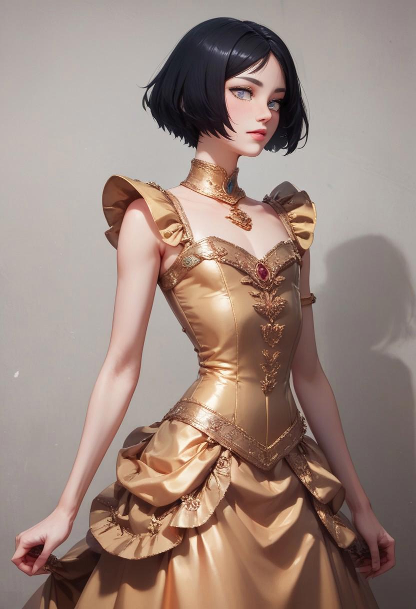 score_9, score_8_up, score_7_up, 1boy, femboy, otoko no ko, short hair, bob cut hair, black hair, grey eyes, gray eyes, feminine face, toned body, Shelly, gold satin_bustle dress, dress ruched, bustle dress, highly detailed, intricate, zzCitronCAT, pose, modelshoot