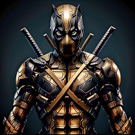 evang, blk_&_gold, evang, black and gold,  Deadpool character, tactical gear swords, guns, pouches, black and gold color schemed outfit, white eyes, detailed mask