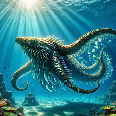 midjourneyv6.1, made of cd's, highres, best quality, masterpiece, glowing textures, photorealistic style,
giant sea creature, kraken with tentacles made of transparent iridescent cd's, shimmering under sunlight, aquatic abstraction,
sunken city ruins, underwater perspective, shafts of light filtering through ocean, schools of fish,
epic scale, mythological vibe, fantasy realism, dramatic shadows, cinematic aquatic palette, futuristic relics,
elegant, detailed, dreamlike, CD-inspired fantasy sea monster