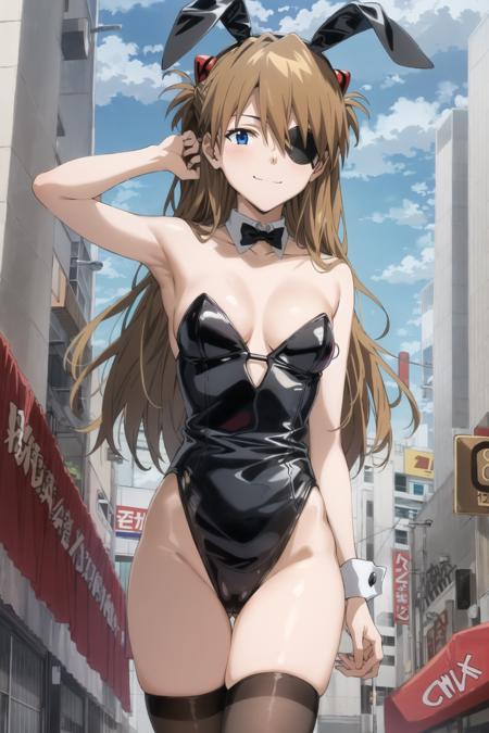 souryuu asuka langley, 1girl, blue eyes, brown hair, long hair, closed mouth, light smile, eyepatch, medium breasts, outdoors, city, playboy bunny, rabbit tail, rabbit ears, black thighhighs, cowboy shot,