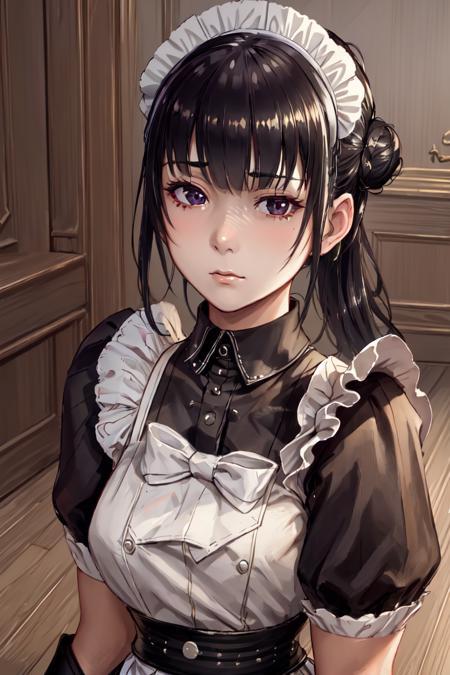 1girl, maid, solo, black hair, mature, apron, maid headdress, single hair bun, black eyes, hair bun, looking at viewer, maid apron,  emotionless, narberal_gamma,  <lora:Narberal Gamma v1_1:0.75>, highres, sharp focus, pixiv masterpiece, ((intricate details)), highly detailed,