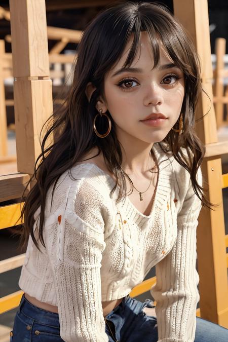 jenna_ortega_v4 wearing halter sweater, long hair, bangs, orange lips, makeup, skinny,
cream wool halter sweater, 
medium shot, upper body shot, portrait, sitting on scaffolding with construction project background, soft lighting, close up,
<lora:Jenna_Ortega_V4:0.7>, <lora:breastsizeslideroffset:-0.4>