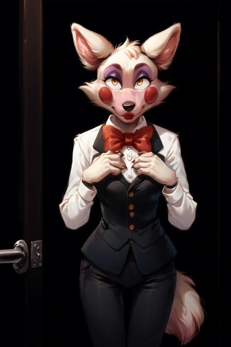 Manglefnaf bow, lipstick heterochromia, black sclera, white pupil anthro animatronic