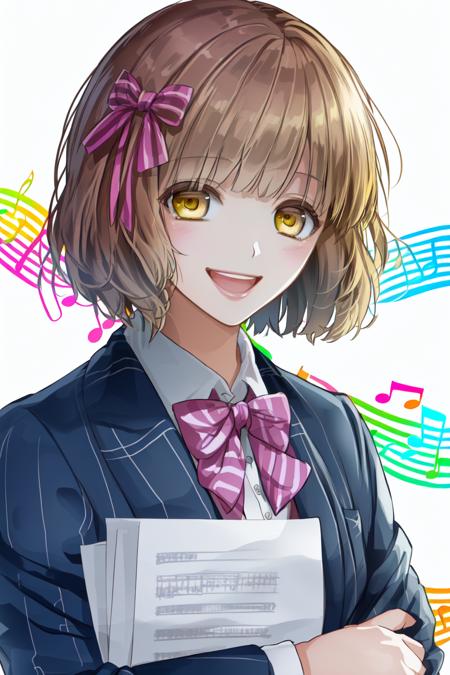 ichigestyle, solo, 1girl, smile, open mouth, yellow eyes, looking at viewer, school uniform, short hair, bow, white background, jacket, musical note, holding, upper body, paper, striped, blazer, bangs, shirt