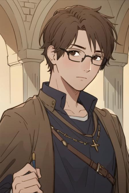 masterpiece, best quality, sketch, 1boy, solo, male focus, looking at viewer, upper body, , <lora:takayuki_mima:0.66>, takayuki_mima, brown hair, brown eyes, glasses, , , medieval europe,