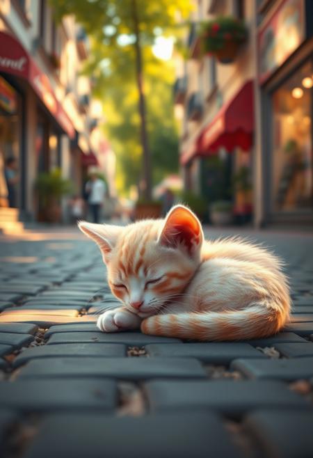Pixar inspired poster, A perfect masterpiece art by pixar disney,  Digital painting of a cute young pinkish kitten curled sleeping on the ground, paved street, close up, basking in the morning sun, cute cozy atmosphere, shops can be seen in the background, magical fantasy city, life-like masterpiece realitic photo, hyper realistic, A photogenic soft scene, digital 4k art, bokeh, depth of field, detailed eyes, 4K, vivid, extremely detailed, perfect anatomy, maximalist, dynamic, absurdres, 8k photography, three point perspective, Ultra-realistic, Hyperrealism