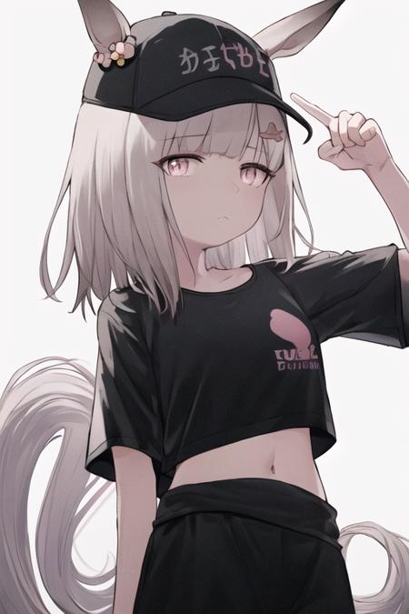 Mik, 1girl, hair ornament, pink eyes, medium hair,
animal ears, arm at side, baseball cap, black headwear, black shirt, closed mouth, covered navel, ears through headwear, finger to mouth, hand up, horse ears, horse tail, impossible shirt, long looking at viewer, shushing, simple background, single sleeve, upper body, white background,
<lora:mik_r1:1>