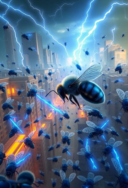 A city is overrun by an invading army of blue bees that shoot blue lighting bolts from there stingers at humans