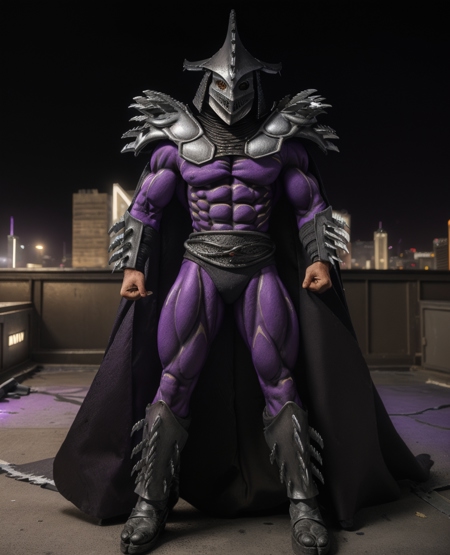 TMNTSuperShredder a muscular TMNTSuperShredder 1man armored samurai knight wearing a dark purple outfit with serrated claw spike pauldrons and serrated claw gauntlets and serrated claw armored boots and serrated metal samurai helmet with mask long black cape