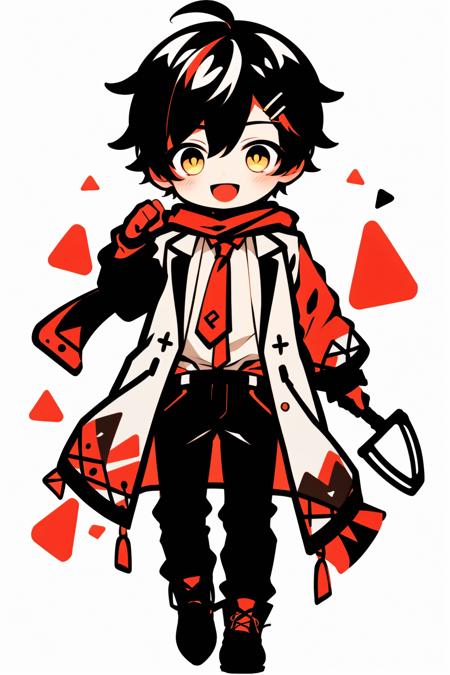 <lora:cute_flatline:1>, 1boy, virtual youtuber, male focus, solo, scarf, black hair, shovel, red scarf, sleeves rolled up, yellow eyes, hair ornament, smile, full body, pants, open mouth, looking at viewer, white background, suspenders, hairclip, simple background, otoko no ko, necktie, boots, coat