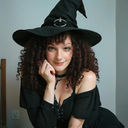 <lora:4F431DA9F0:0.7> (((theabertsimon))) 1 girl, witch outfit, curly hair, looking at viewer, devious smirk