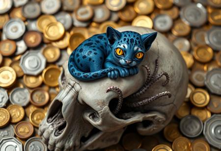 a tiny adorable panther curled up on a huge skull, short fur, large yellow cat eyes, displacer beast, 2 tentacles from shoulders, 6 legs, feline body, indigo fur, iridescent fur, Background gold and silver coins, treasure
