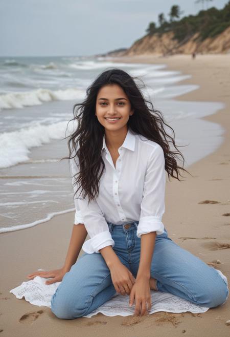 Beautiful Indian girl in a buttoned shirt with jeans with subtle smile sits causally on a sandy beach, with waves crashing her leg,  ocean waves crashing against each other, creating white sea foam .Her long hair is windswept.  Tilak on head, eyes with kazal