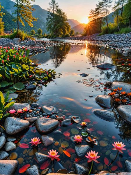 Breathtaking photography. A serene riverside. Sunrise with vibrant, fiery colors. A gently flowing river with pebbles and water lilies in foreground.  Wide, meandering river flowing through a valley  in background. Award-winning, professional, highly detailed.  <lora:MJ52:0.5> <lora:RMSDXL_Darkness_Cinema:1> (HDR (High Dynamic Range), vibrant colors, high contrast, detailed, UltraHD, 8K, cinematic, 80mm, high detail)