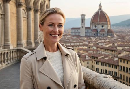 A single, hyper-detailed, ultra-high-resolution (8K) portrait of a 40-year-old woman with sleek blonde hair tied back. Real Face, natural teeth, no plastic face, subtle smile ,natural warm  skin texture, Her striking blue eyes, natural laugh lines, and subtle wrinkles convey a grounded, elegant charm. She wears a tailored beige trench coat layered over a soft cream sweater and fitted jeans. She stands confidently alone near a classic stone balustrade in Florence, with the majestic dome and intricate marble façade of the Duomo (Santa Maria del Fiore) rising behind her, bathed in warm, late afternoon Tuscan light. The image is composed with a shallow depth of field, focusing on her expression and presence while gently blending the iconic Renaissance architecture in the background.