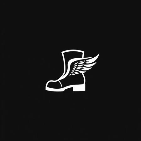 (stylized logo, emblem, vector art), (symbol of a boot with a wing), (solid colors, thick-linework), white outline, black background, 
boot with a wing symbol white in the center, heraldic, black background, HDR, UHD,
