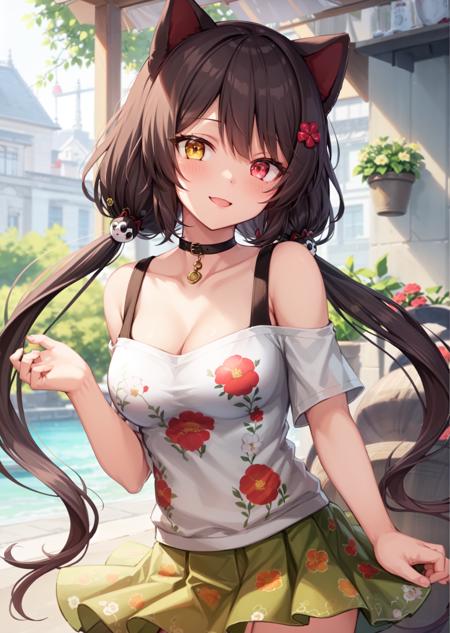 masterpiece, best quality, (twincle eyes:1.1), 1girl,
<lora:inuiToko-000008:0.7>,inuiToko, long hair, low twintails, heterochromia, red flower,
dog ears, animal ears, tail,
(off-shoulder shirt, off shoulder, white shirt, floral print, green skirt, print skirt, bare shoulders, pleated skirt, print shirt, miniskirt, cleavage, short sleeves,:1.1)
smile, looking at viewer, collarbone,