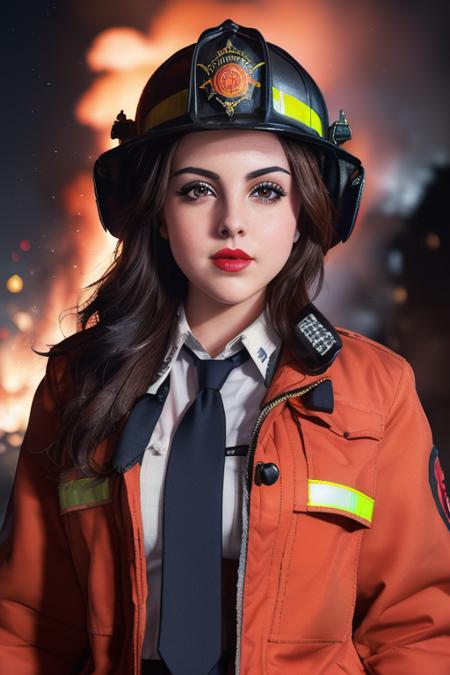 photo of a woman, lizgillies, ((necktie, shirt, firefighter helmet, firefighter jacket):1.2), ((closeup, portrait)),((outdoors, neighborhood, homes, at night, fire, explosions):1.2),smiling, ((red lipstick, eyeliner, eye shadow, blush)), ((best quality, masterpiece, extreme details, high resolution):1.2),((detailed eyes, beautiful eyes, detailed face, beautiful face):1.2)