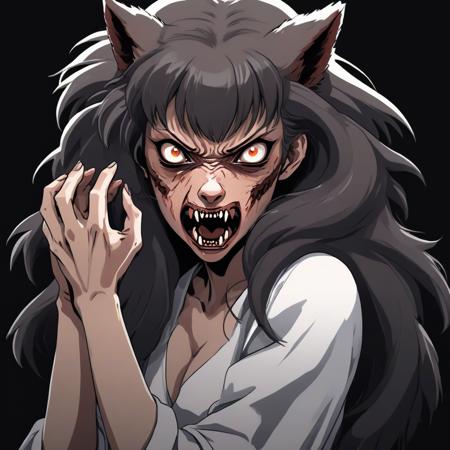 woman becoming a werewolf, anime style,