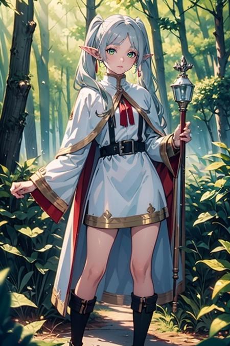 <lora:jingling_10:0.7>,super high resolution,best quality,Photos,4k,(Realistic:1.2),jingling,1girl,green eyes,silver hair,pointy_ears,twintails,thigh,cloak,standing,day,long_sleeves,white cape,dress,deep forest,holding a staff in hand,