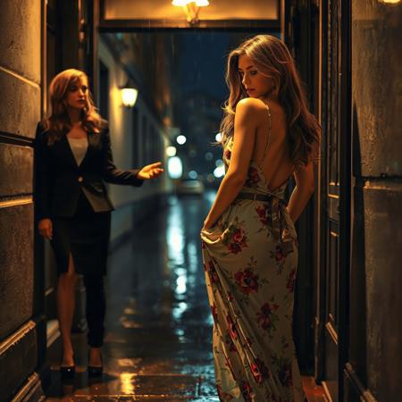 A realistic depiction of a  beautiful slim woman long dark blonde hair  wearing a flowing, sexy floral summer dress, seductively standing against a doorway in an empty, dimly lit Stockholm street. .She  lifts up part of her dress  exposing her bare Bottom, looking at a second woman, inviting her. The atmosphere is seductive yet enticing, with rain softly falling, creating glistening reflections on the wet pavement. The scene is imbued with a  cinematic ambiance, with soft lighting and rich, detailed textures capturing the enchanting essence of the moment. close up on woman's face and hips. a second beautiful woman, wearing a business suit, stands nearby, staring at the first woman, admiring her, attracted by her, reaching out a hand to touch her