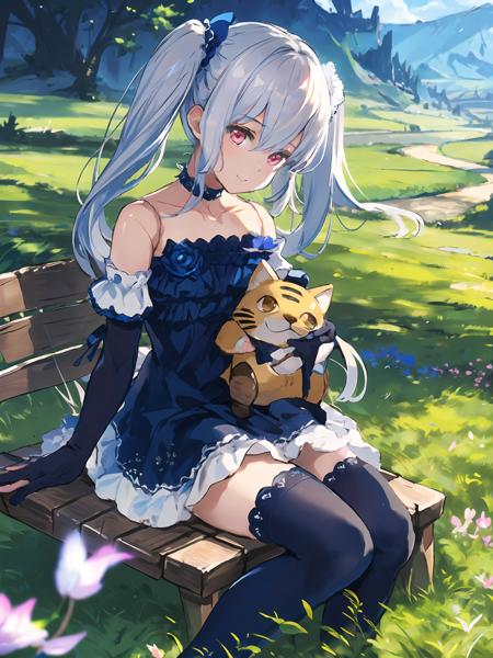 masterpiece,best quality,highres,cinematic lighting,dramatic angle,<lora:OrchisV2-000038:0.8>,1girl,silver hair,twintails,smile,doll joints,black dress,bare shoulders,choker,blue rose,black thighhighs,detached sleeves,elbow gloves,ring,holding cat stuffed toy,grass,sitting,wooden bench,petal,blue sky,depth of field,portrait,looking at viewer