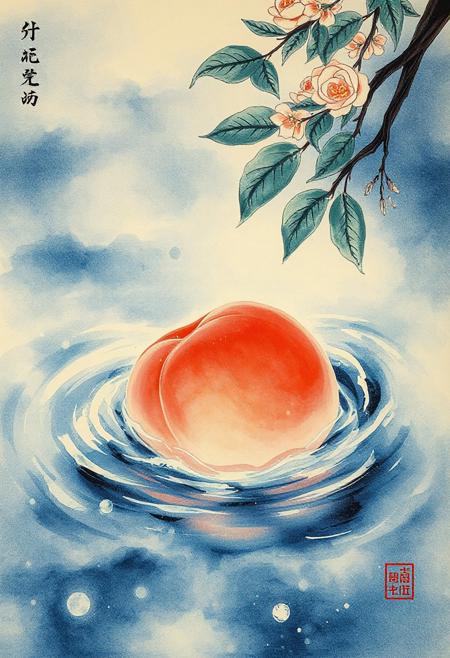 The peach flows backwards down a great river and floats on its surface.
Japanese art style, Japanese ink painting, 
best quality, sharp focus, high contrast, colorful, ultra quality, 8k, best quality,