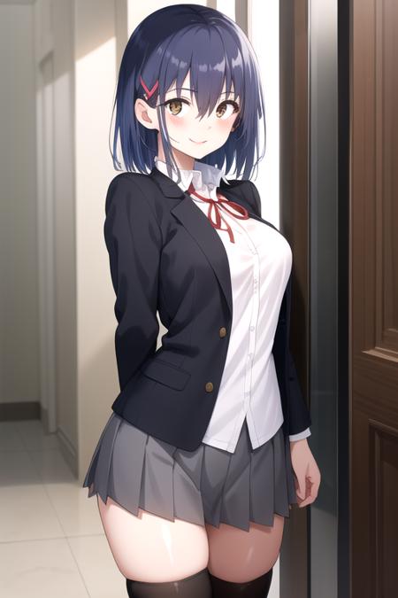 ((masterpiece)),(best quality),official art,extremely detailed CG,unity 8k wallpaper,ultra detailed,beautiful detailed eyes,extremely detailed face,1girl,solo,cowboy shot,looking at viewer,facing viewer,smile,shy,hoshizuki suzu,medium hair,blue hair,sidelocks,hair between eyes,brown eyes,black jacket,open jacket,collared shirt,white shirt,red ribbon,long sleeves,large breasts,miniskirt,grey skirt,pleated skirt,zettai ryouiki,black thighhighs,loafers,<lora:Hoshizuki Suzu(kts)>,