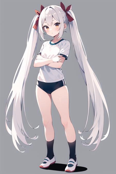 masterpiece, best quality, 
1girl, solo, full body, standing, 
twintails, white hair, very long hair, hair ribbon, red ribbon, 
gym uniform, uwabliang2, black socks, simple background, white background,