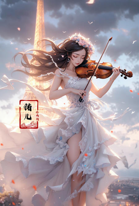 (A girl in a dress is in the air:1.3), playing a violin, Eiffel Tower background(wide shot, wide-angle lens,Panoramic:1.2),super vista, super wide AngleLow Angle shooting, super wide lens, blurry, blurry_background, blurry_foreground, depth_of_field, motion_blur,
violinbare shoulderspetalsWhite and blue dressfrom belowblurry foreground (Milky skin:1.4),(Closed eyes:1.3),
(full body:1.5),(long legs:1.3),
<lora:~Q?-\ct4 violin:0.8>