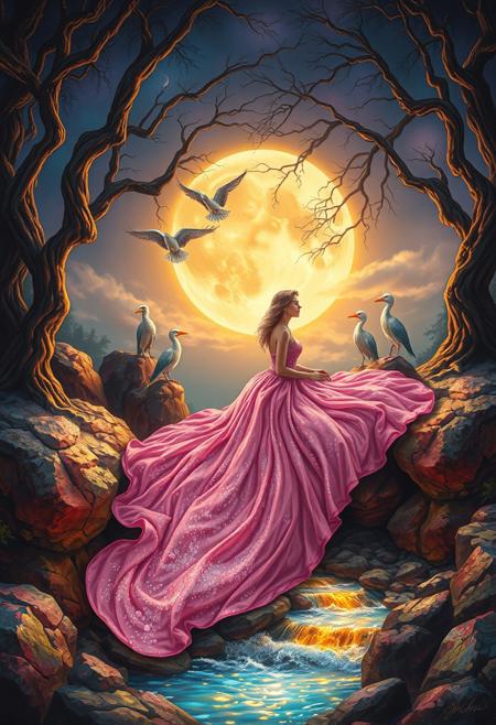 oil painting style, Fantasy scene of a woman in a glittering pink gown flowing like a river over rainbow rocks. 
She sits under a glowing full moon framed by twisted trees. Surrounded by six vivid dodo birds, near a golden-lit stream in a surreal, twilight landscape.
<lora:FLUX-daubrez-DB4RZ-v2:0.72>,
<lora:The_Dark_Side_Of_The_Future:0.4>,
<lora:DarkGhibliMJ7:0.77>,