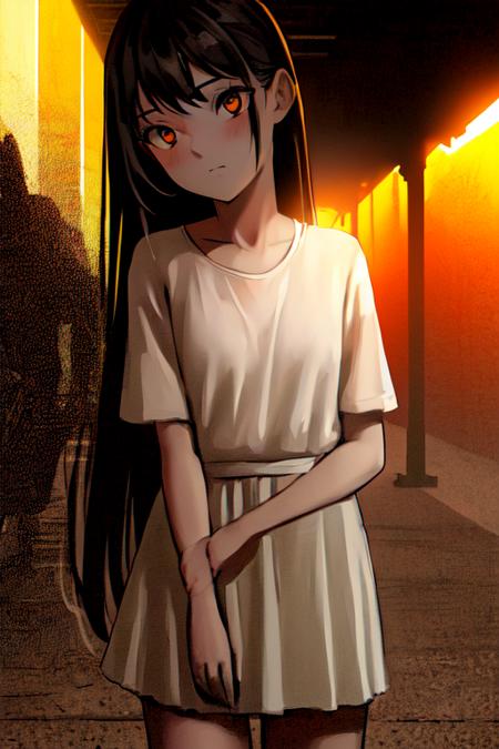 (art by AS109:1.3), (((best quality))), solo, 1girl, long hair, clear eyes, (in public), orange sky, shadow, ((chiaroscuro)),